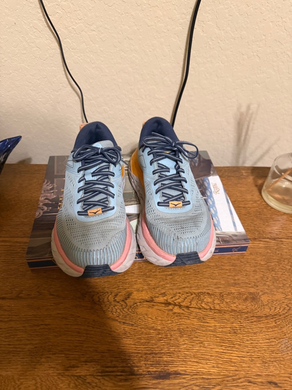 Hoka Light Blue Running Shoe with Yellow & Pink Accents - Picture 4 of 5